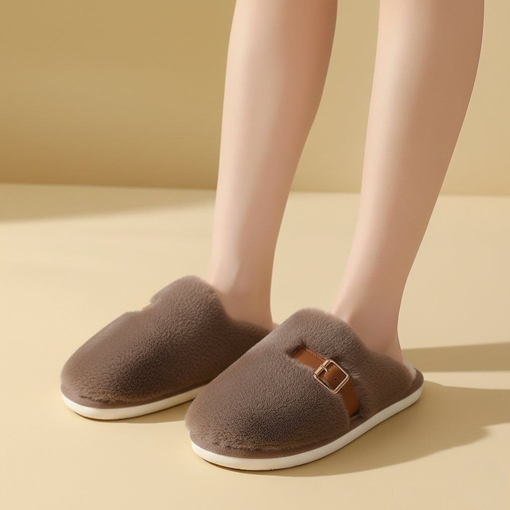 Fur Slippers with Cushioned Mule Style and Buckle Strap - Image 4