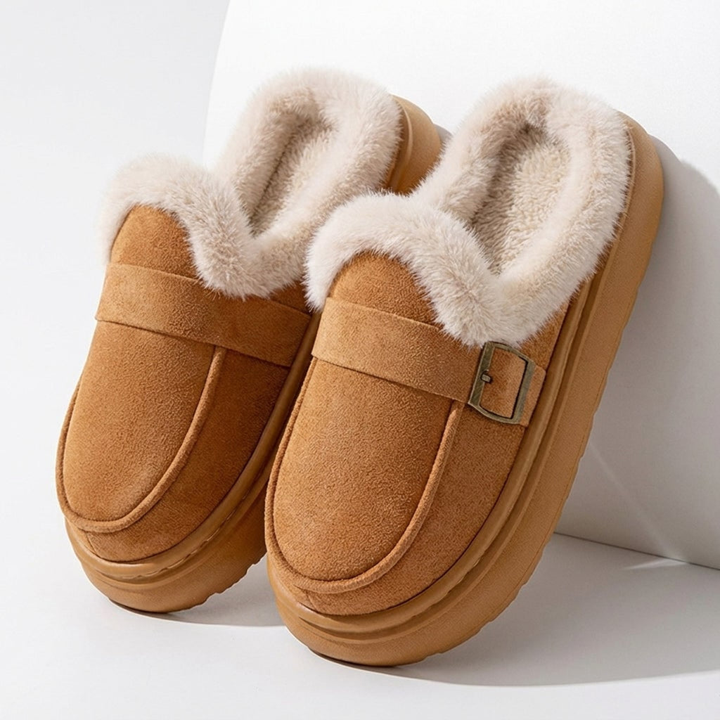 Fur Slippers with Cushioned Sole and Buckle Closure - Image 1