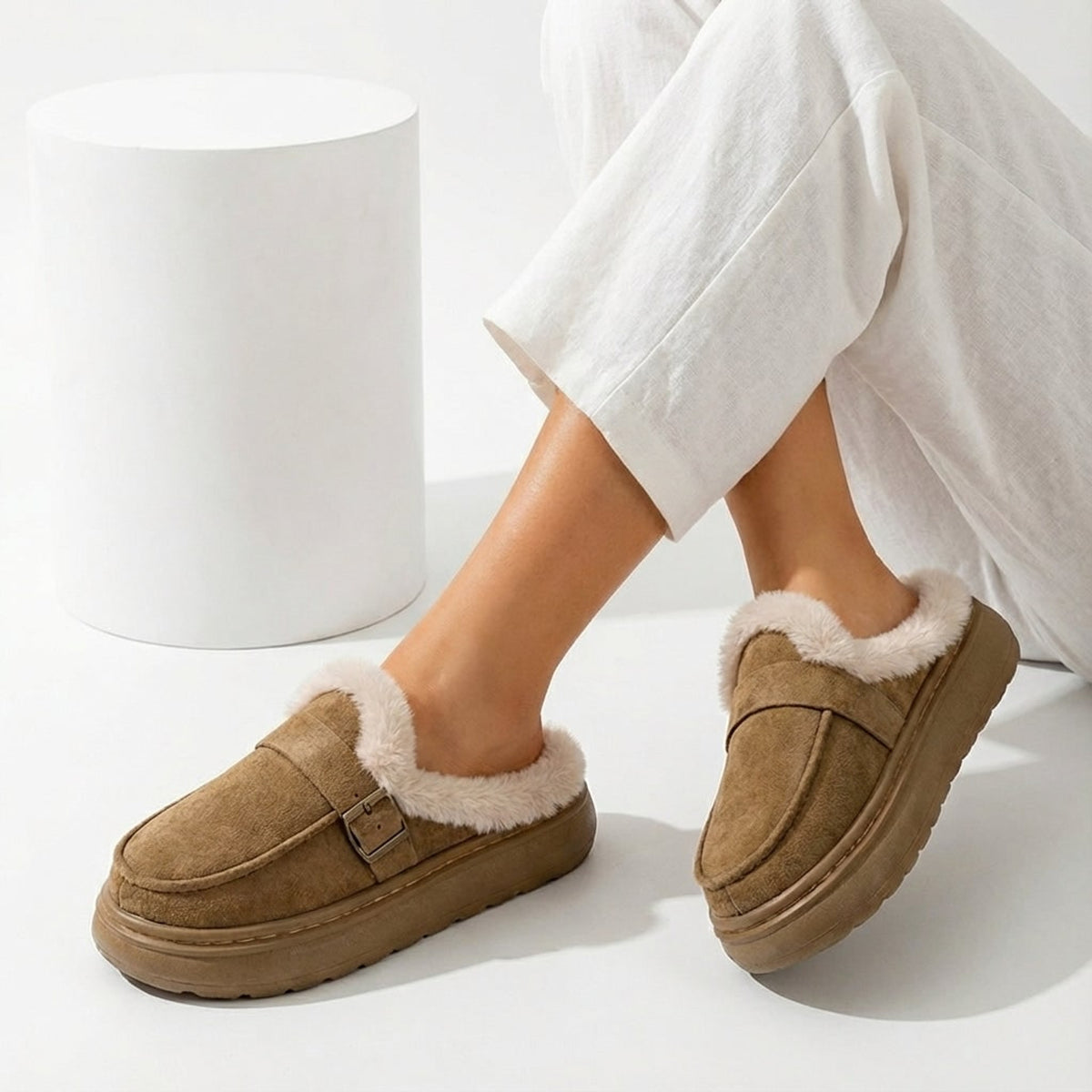 Fur Slippers with Cushioned Sole and Buckle Closure - Image 4
