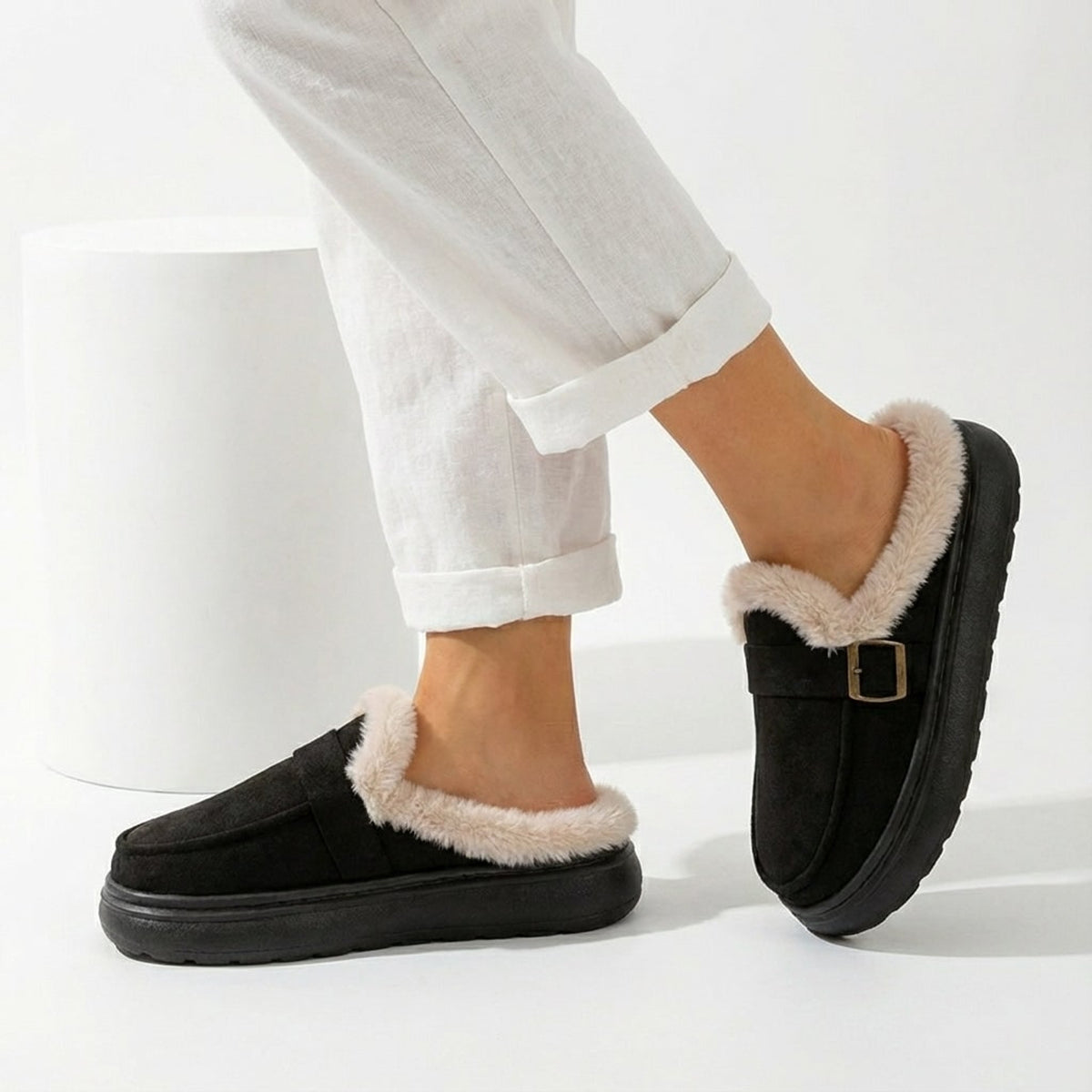 Fur Slippers with Cushioned Sole and Buckle Closure - Image 6