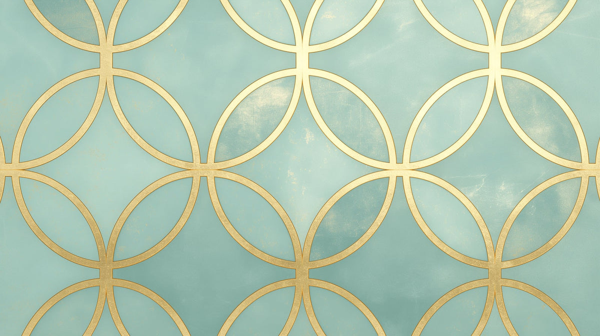 Geometric Mural Wallpaper With Art Deco Gold Circles On A Mint Green Background - Image 2