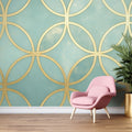 Geometric Mural Wallpaper With Art Deco Gold Circles On A Mint Green Background - Image 1