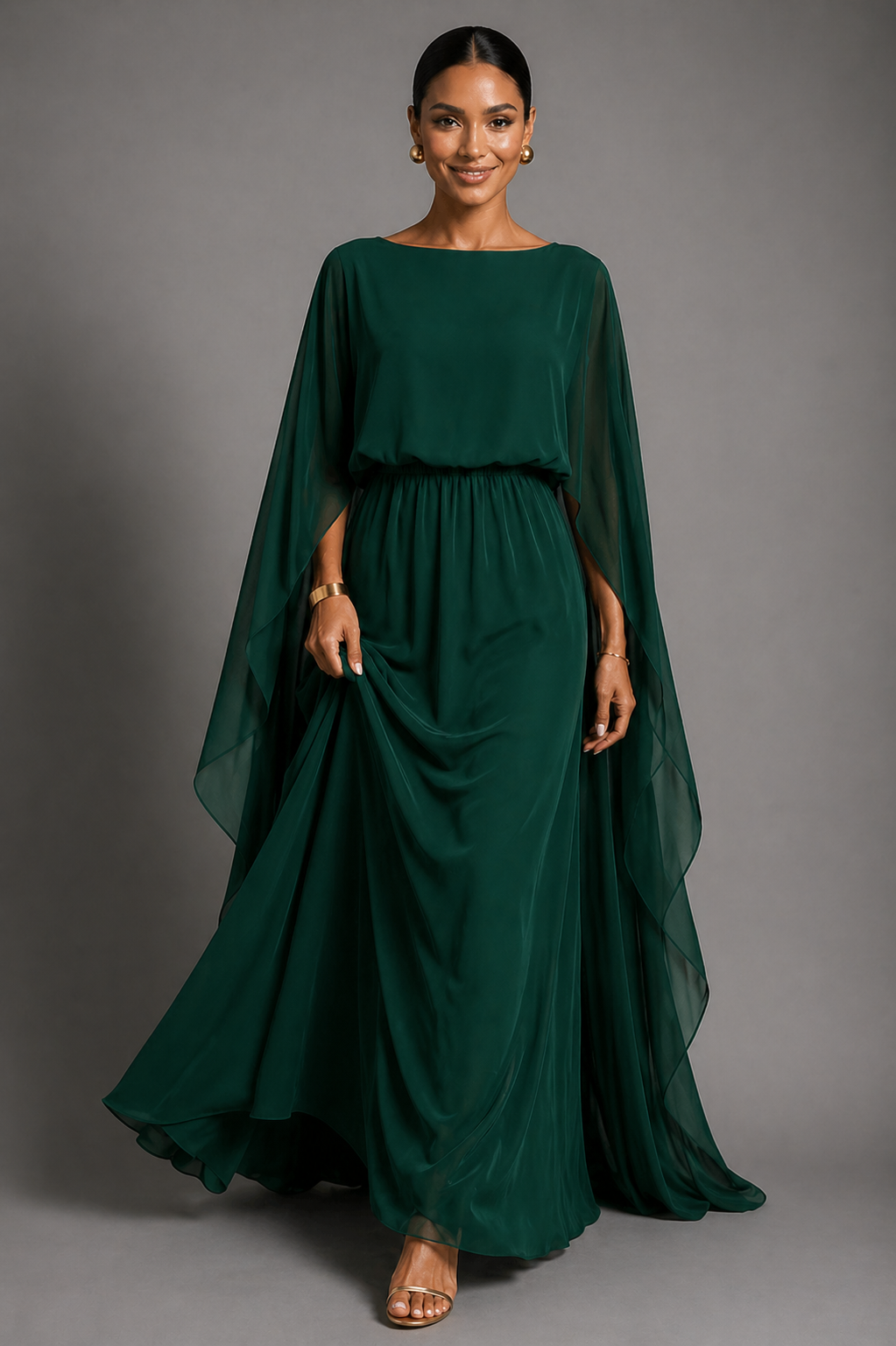 NOVA | Women's Satin Blend Maxi Dress | Luxury Evening Gown with Cape Sleeves & Flowing Silhouette