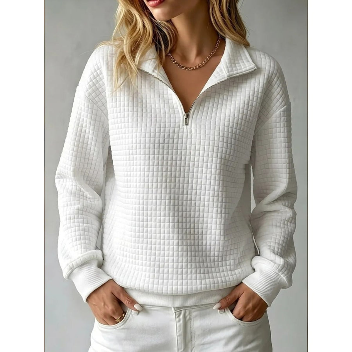 Half Zip Quilted Sweatshirt With Texture And Collar - Image 1