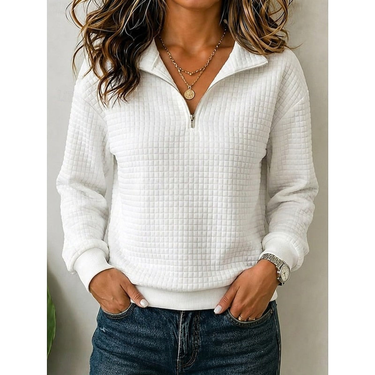 Half Zip Sweatshirt with Quilted Relaxed Fit and Collar - Image 2