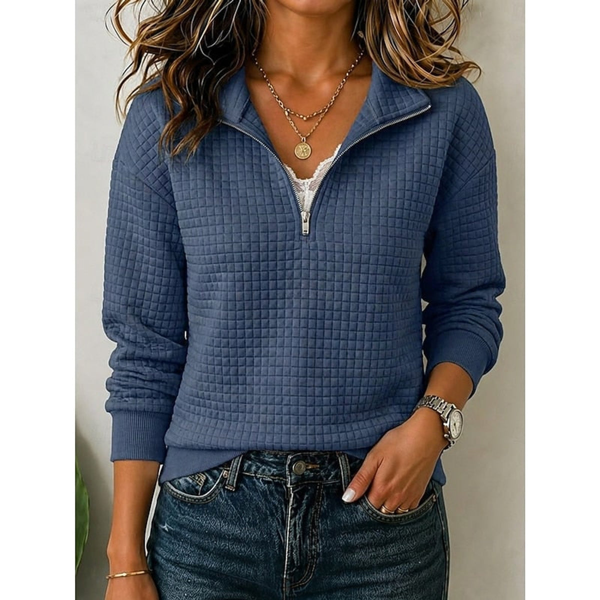 Half Zip Sweatshirt with Quilted Relaxed Fit and Collar - Image 3