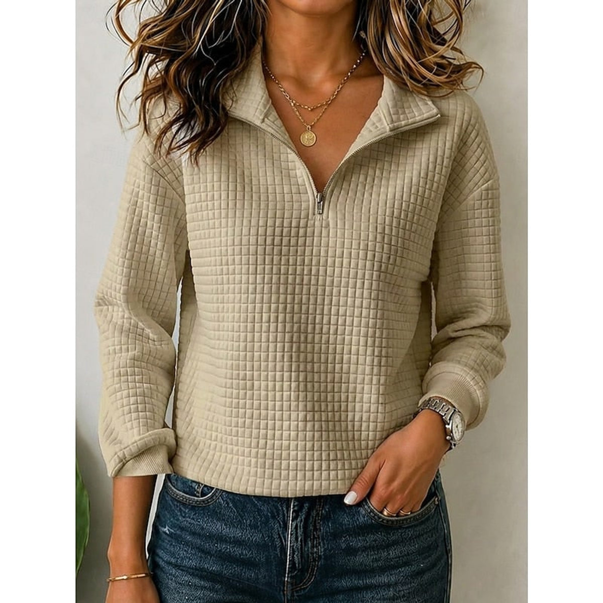 Half Zip Sweatshirt with Quilted Relaxed Fit and Collar - Image 7