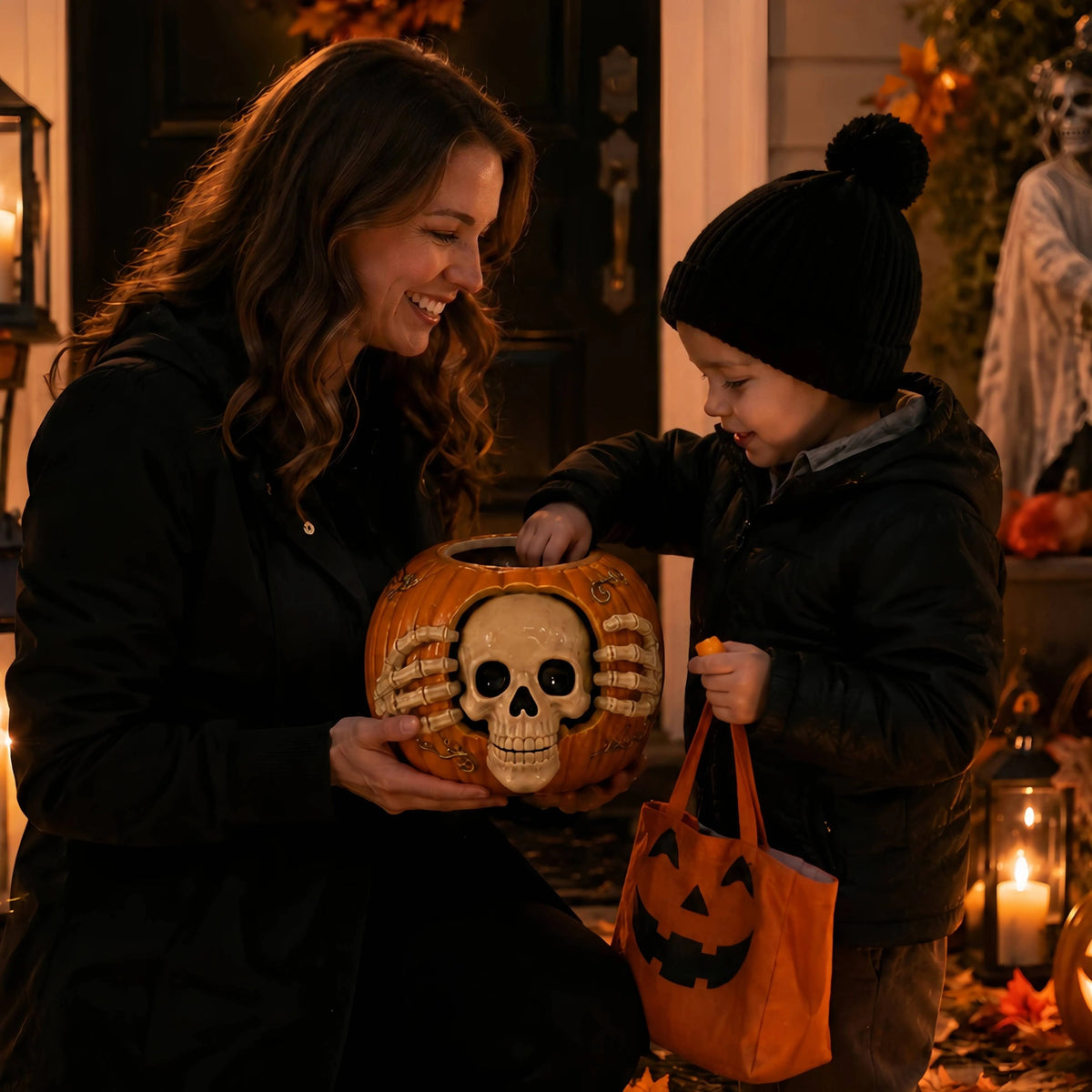 Halloween Candy Jar Skull Pumpkin Candy Jar With Skull Design And Top Hat Lid Halloween Decor - Image 4