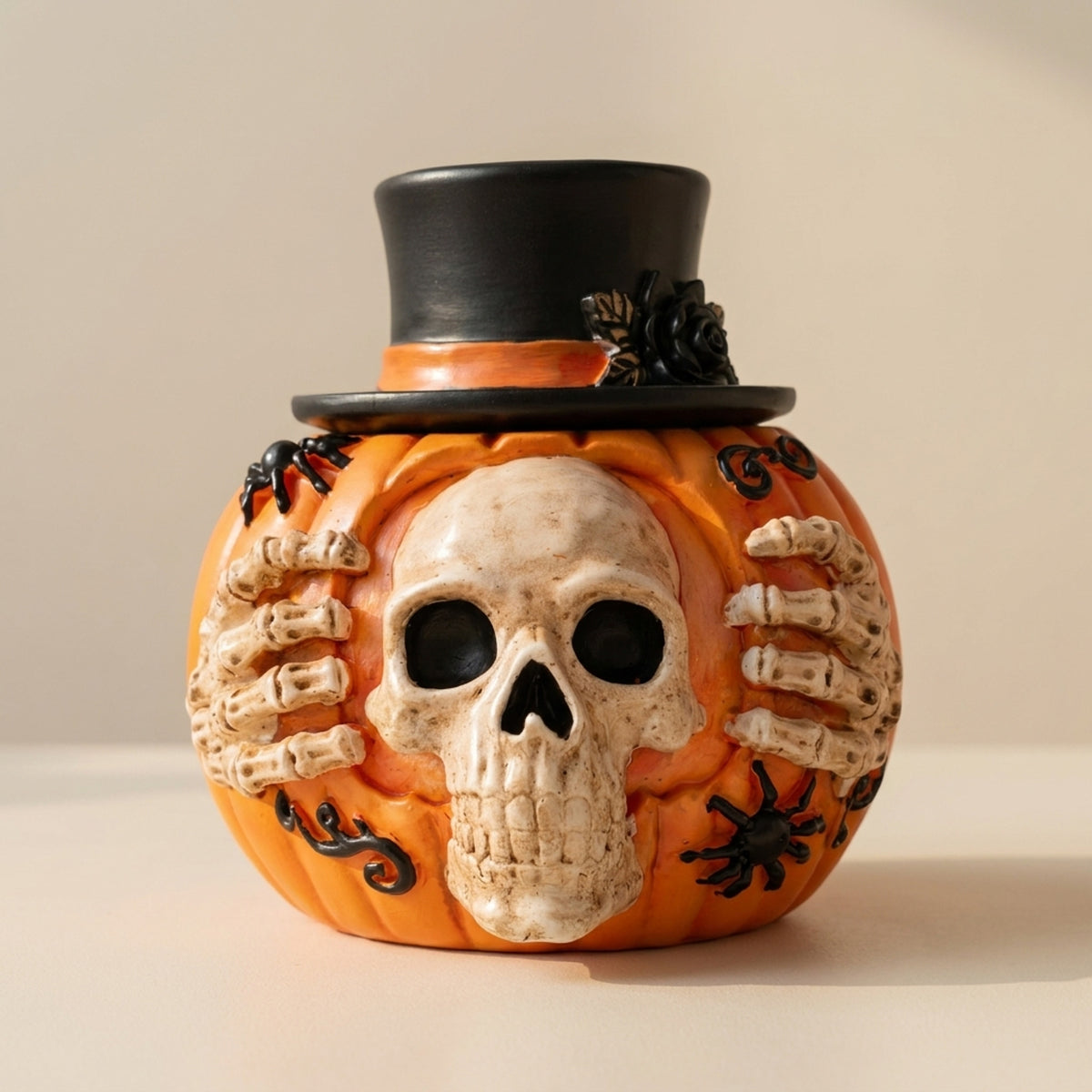 Halloween Candy Jar Skull Pumpkin Candy Jar With Skull Design And Top Hat Lid Halloween Decor - Image 1