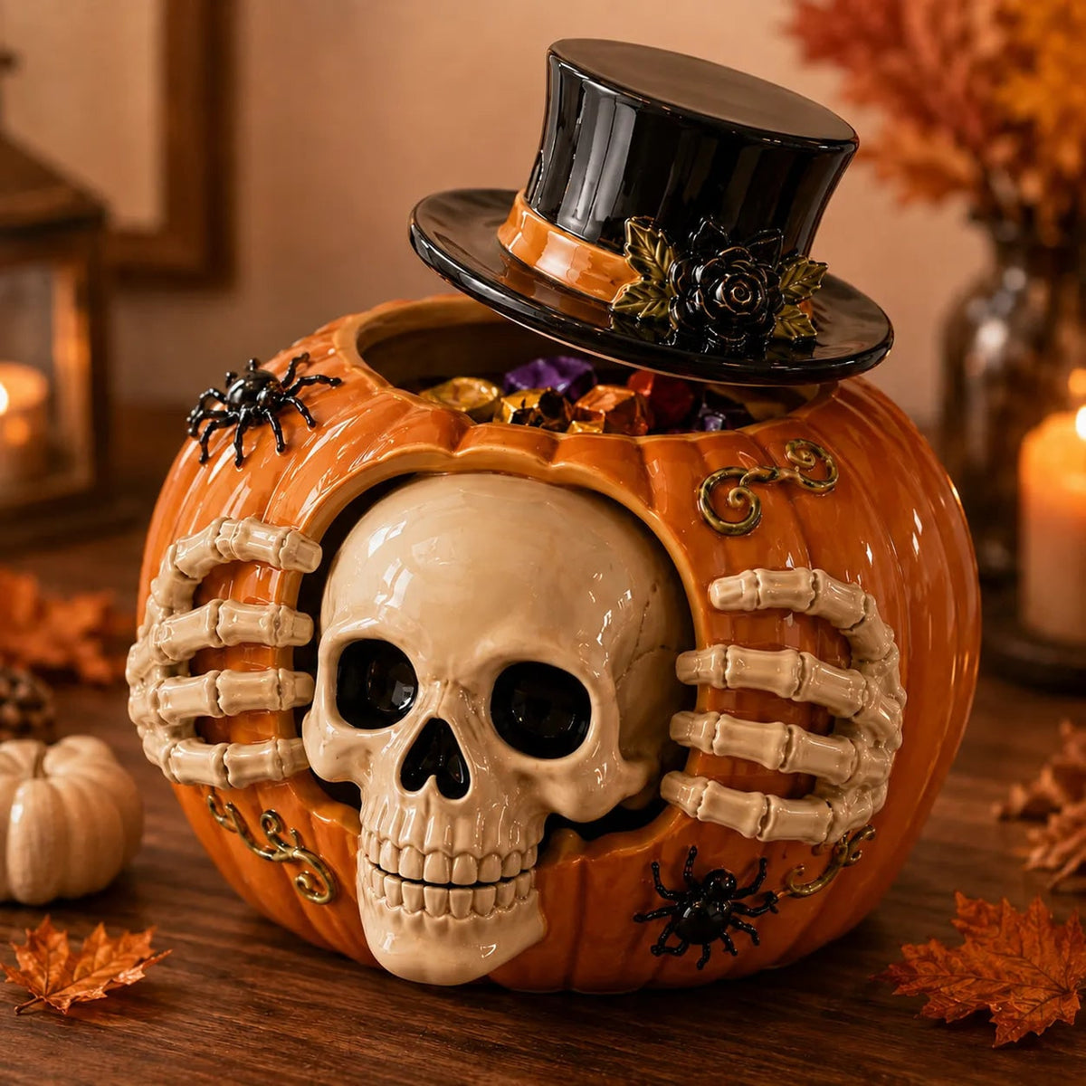 Halloween Candy Jar Skull Pumpkin Candy Jar With Skull Design And Top Hat Lid Halloween Decor - Image 2
