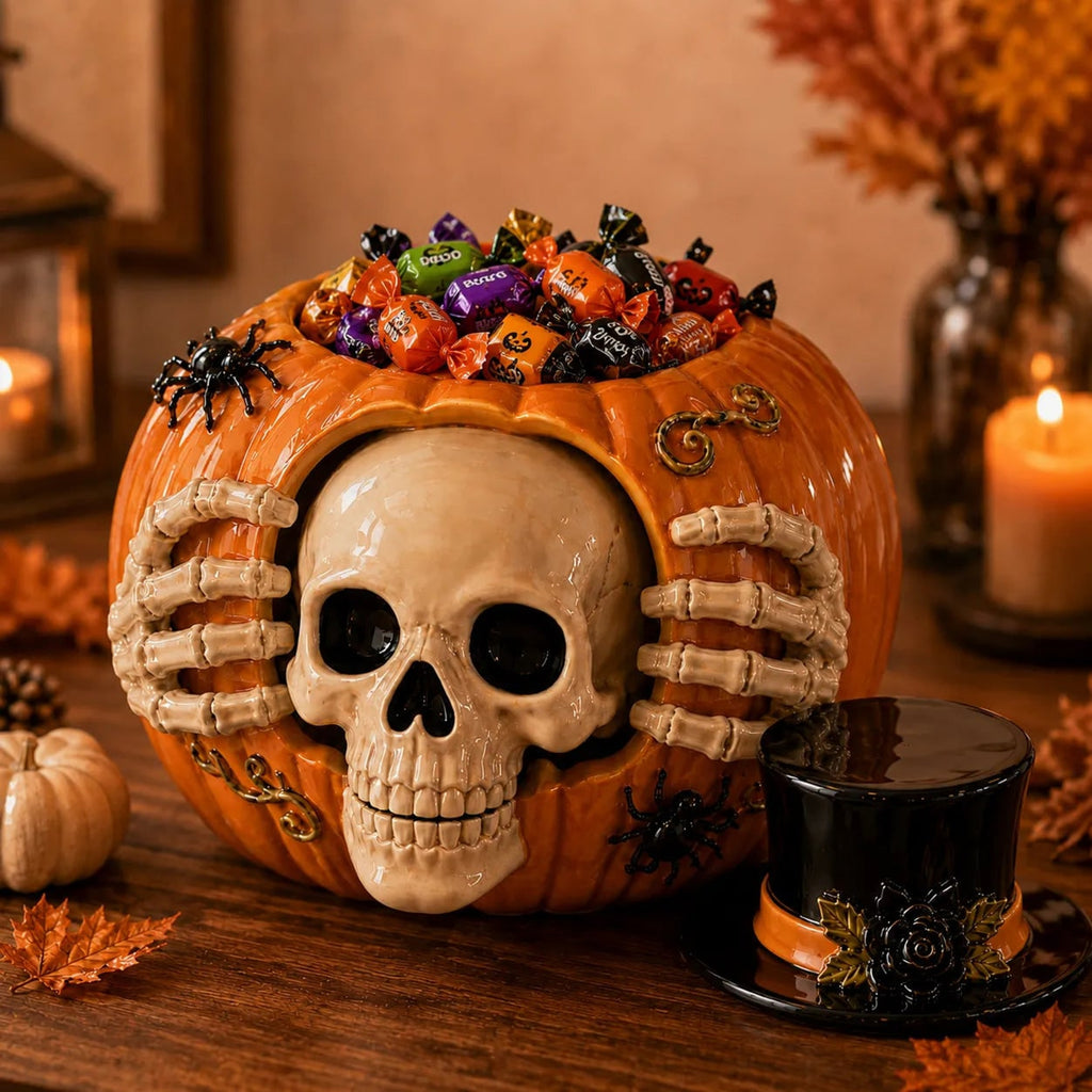 Halloween Candy Jar Skull Pumpkin Candy Jar With Skull Design And Top Hat Lid Halloween Decor - Image 3