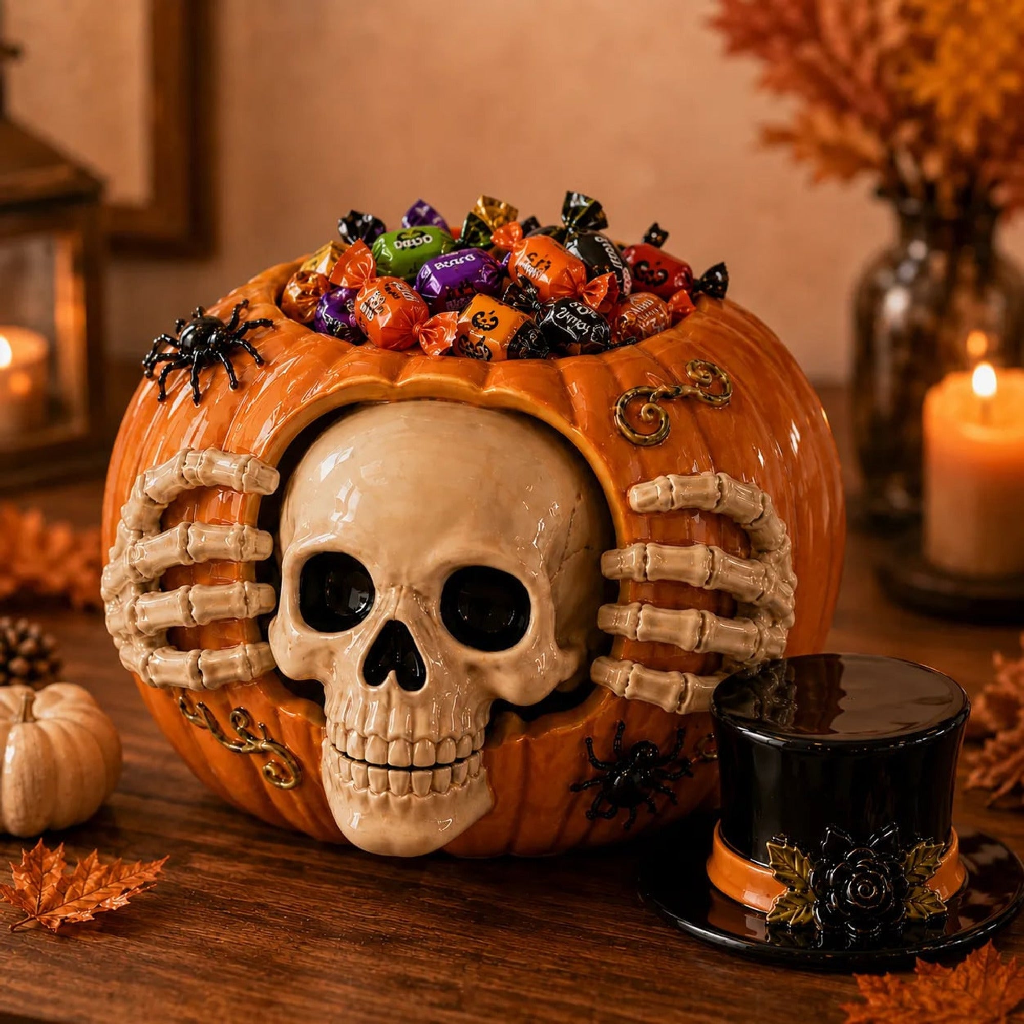 Halloween Candy Jar Skull Pumpkin Candy Jar With Skull Design And Top Hat Lid Halloween Decor - Image 3