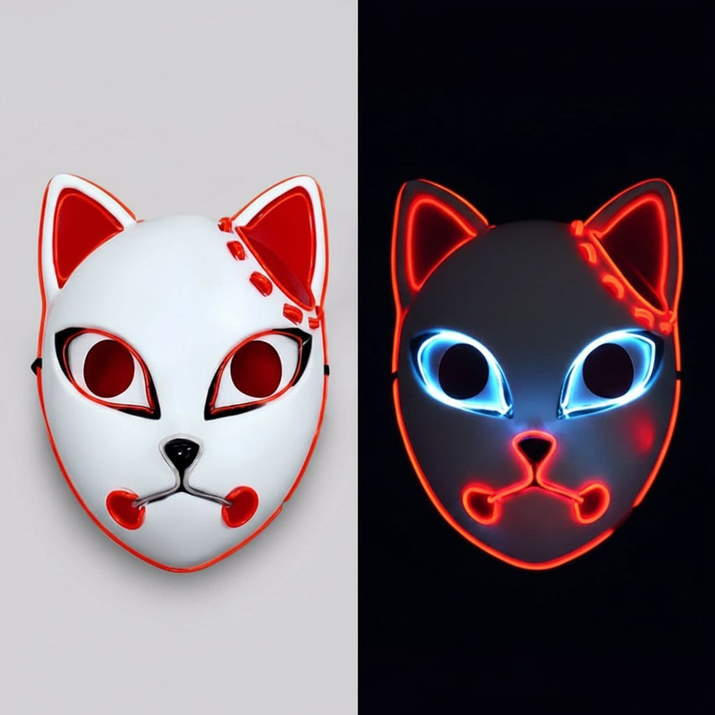 Halloween Fox Mask Men's LED Kitsune With Light-Up Japanese Demon Design For Cosplay Party Costume - Image 1