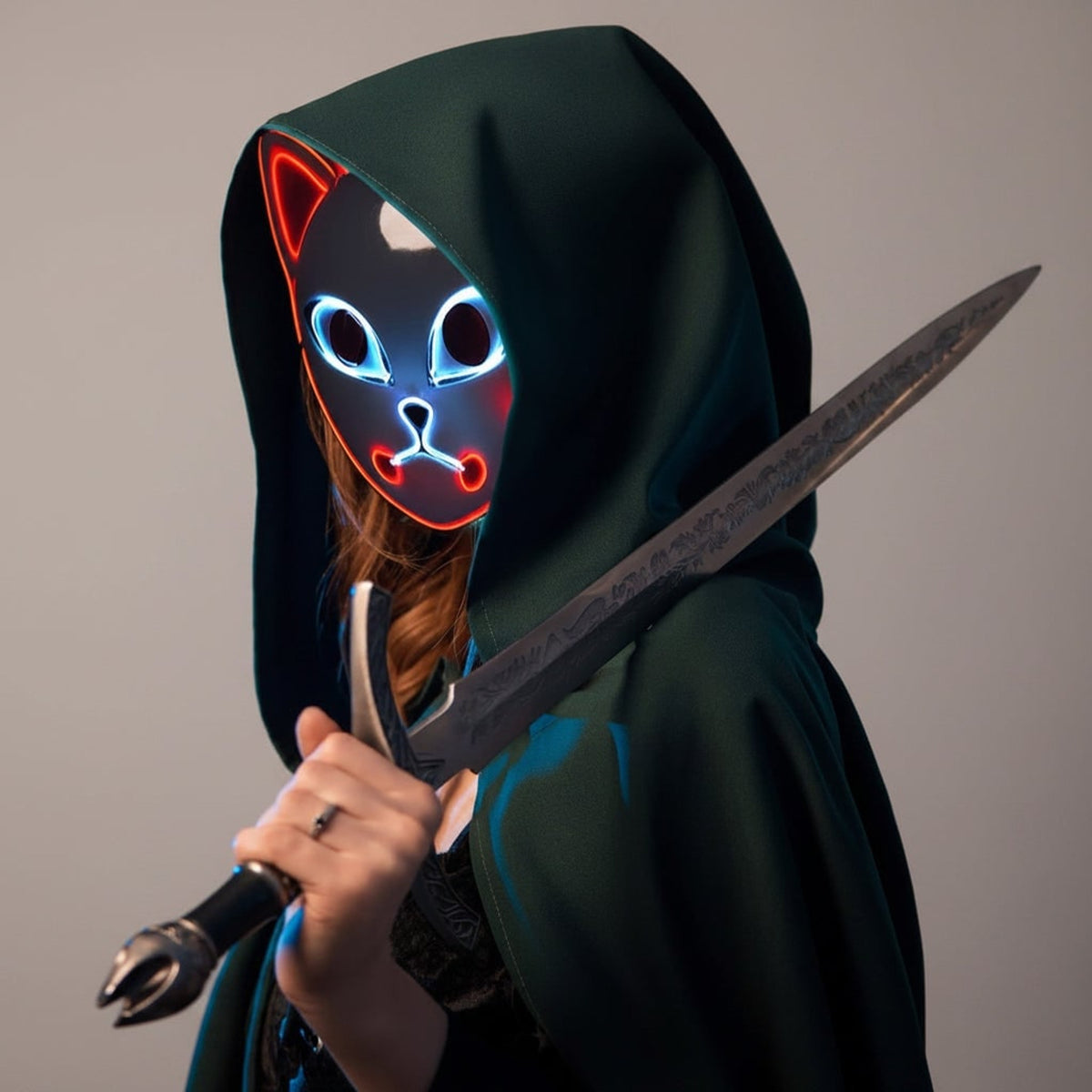 Halloween Fox Mask Men's LED Kitsune With Light-Up Japanese Demon Design For Cosplay Party Costume - Image 12