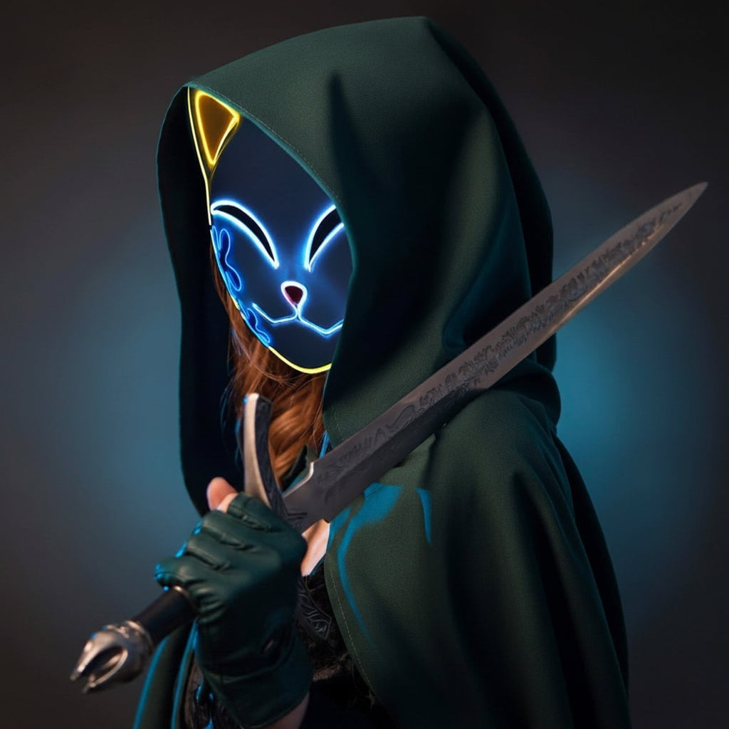 Halloween Fox Mask Men's LED Kitsune With Light-Up Japanese Demon Design For Cosplay Party Costume - Image 13