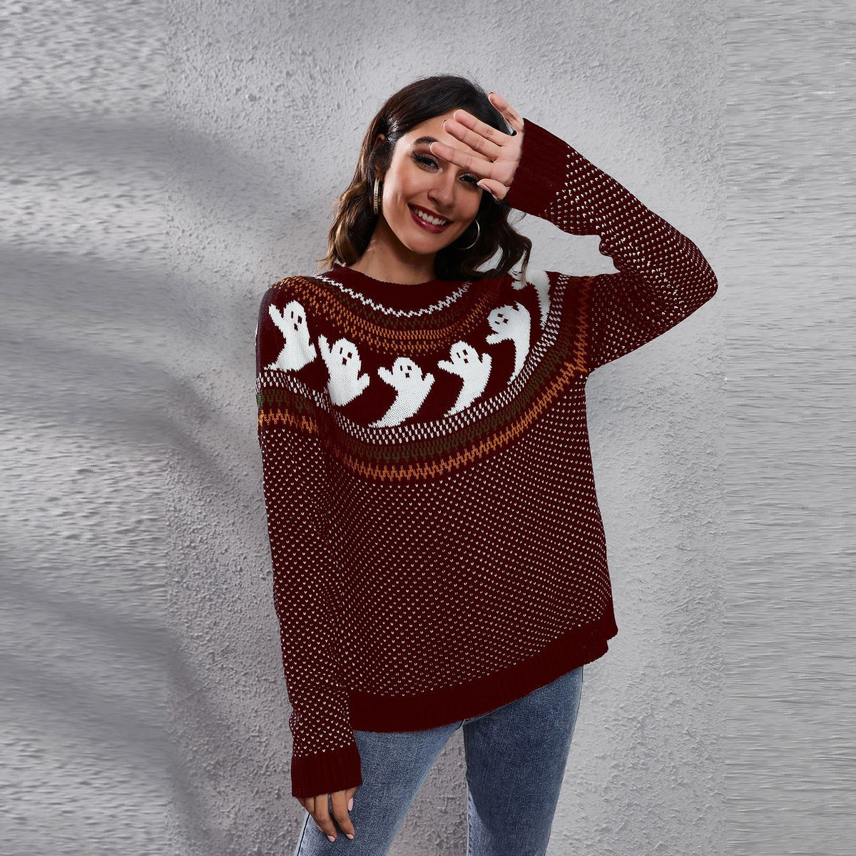 Halloween Ghost Sweater with Relaxed Knitted Pullover and Polka Dot - Image 11