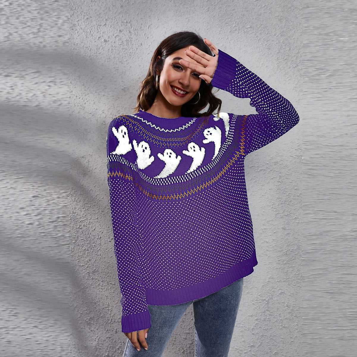 Halloween Ghost Sweater with Relaxed Knitted Pullover and Polka Dot - Image 3