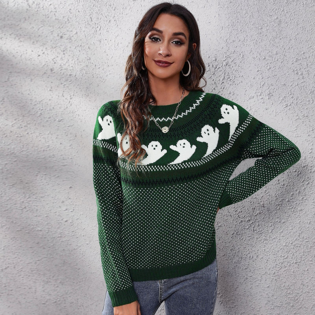 Halloween Ghost Sweater with Relaxed Knitted Pullover and Polka Dot - Image 4