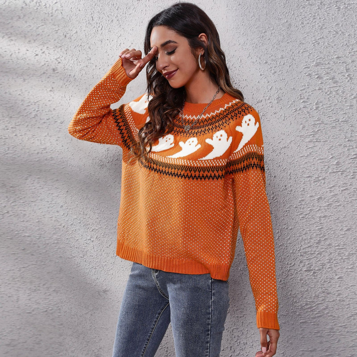 Halloween Ghost Sweater with Relaxed Knitted Pullover and Polka Dot - Image 5