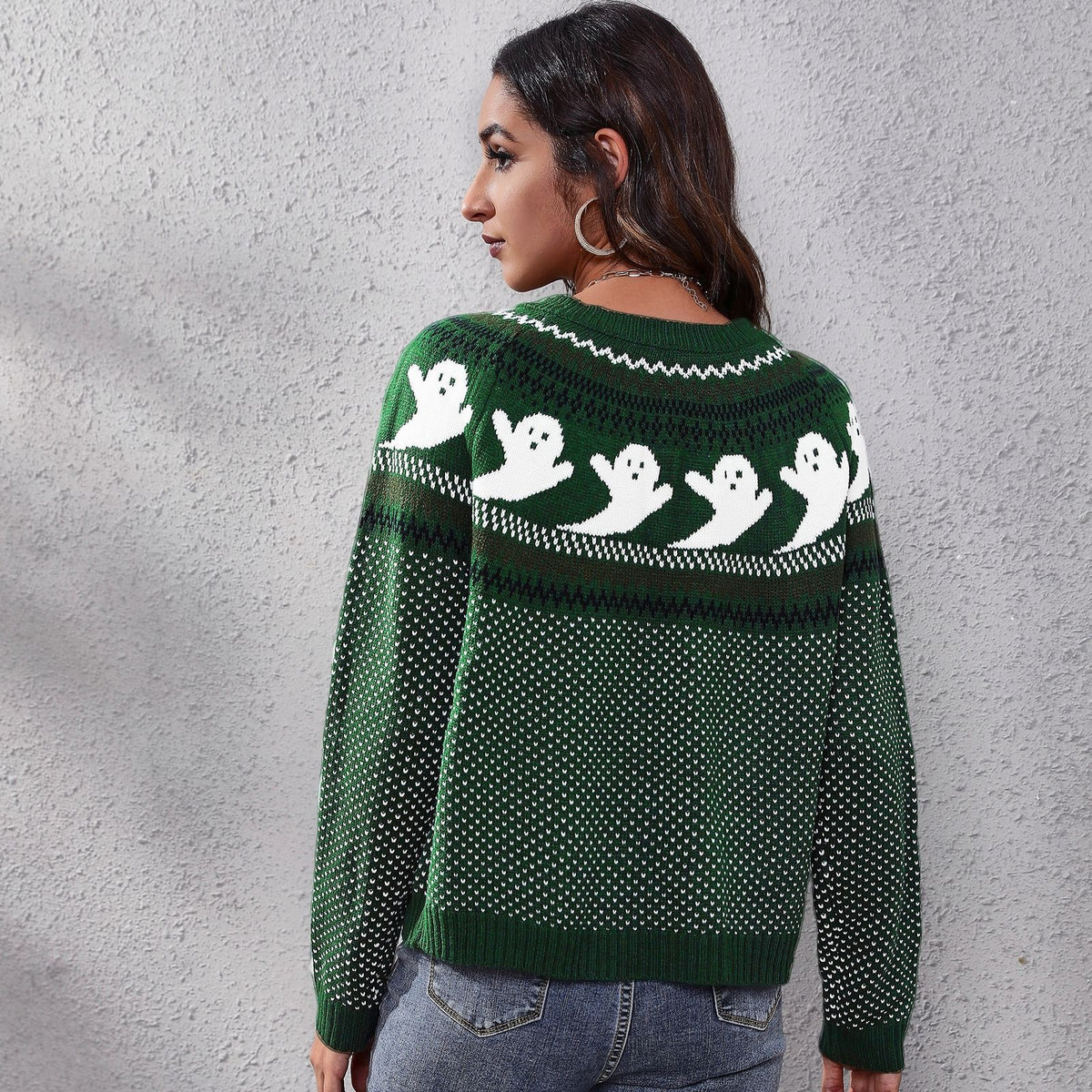 Halloween Ghost Sweater with Relaxed Knitted Pullover and Polka Dot - Image 9