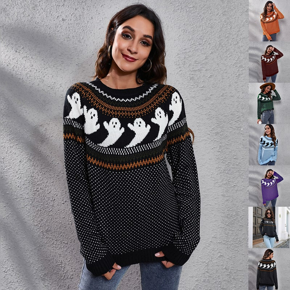 Halloween Ghost Sweater with Relaxed Knitted Pullover and Polka Dot - Image 2