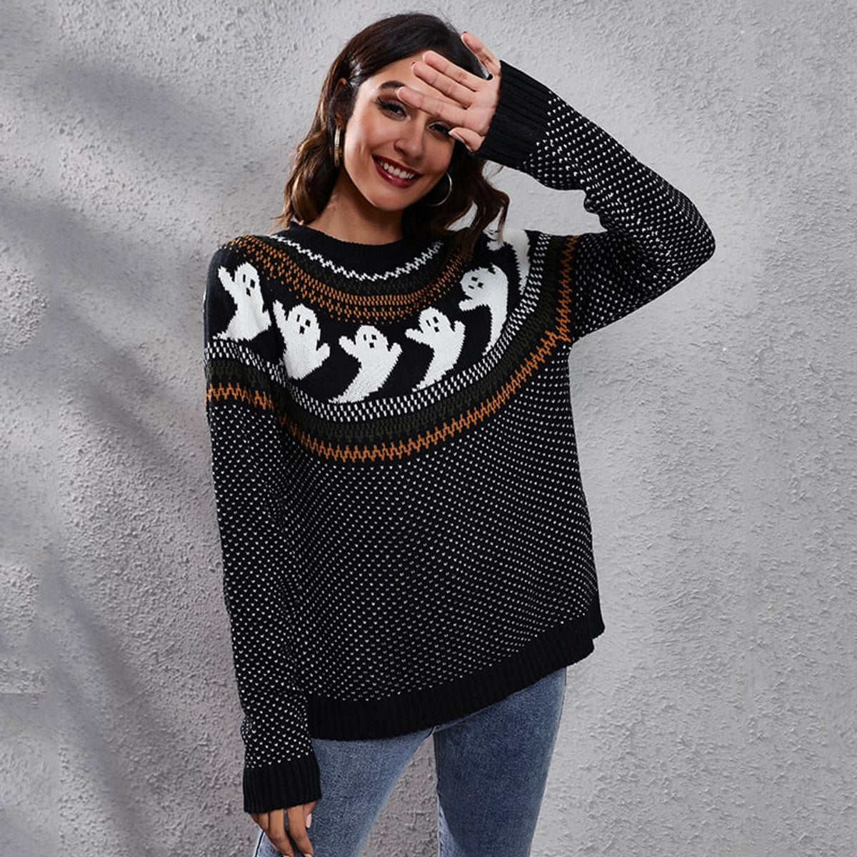 Halloween Ghost Sweater with Relaxed Knitted Pullover and Polka Dot - Image 10