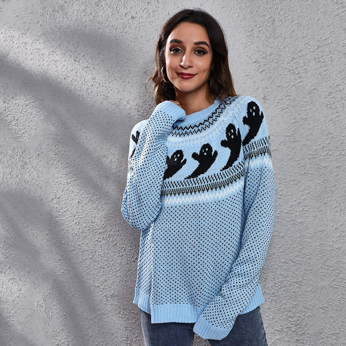 Halloween Ghost Sweater with Relaxed Knitted Pullover and Polka Dot - Image 6