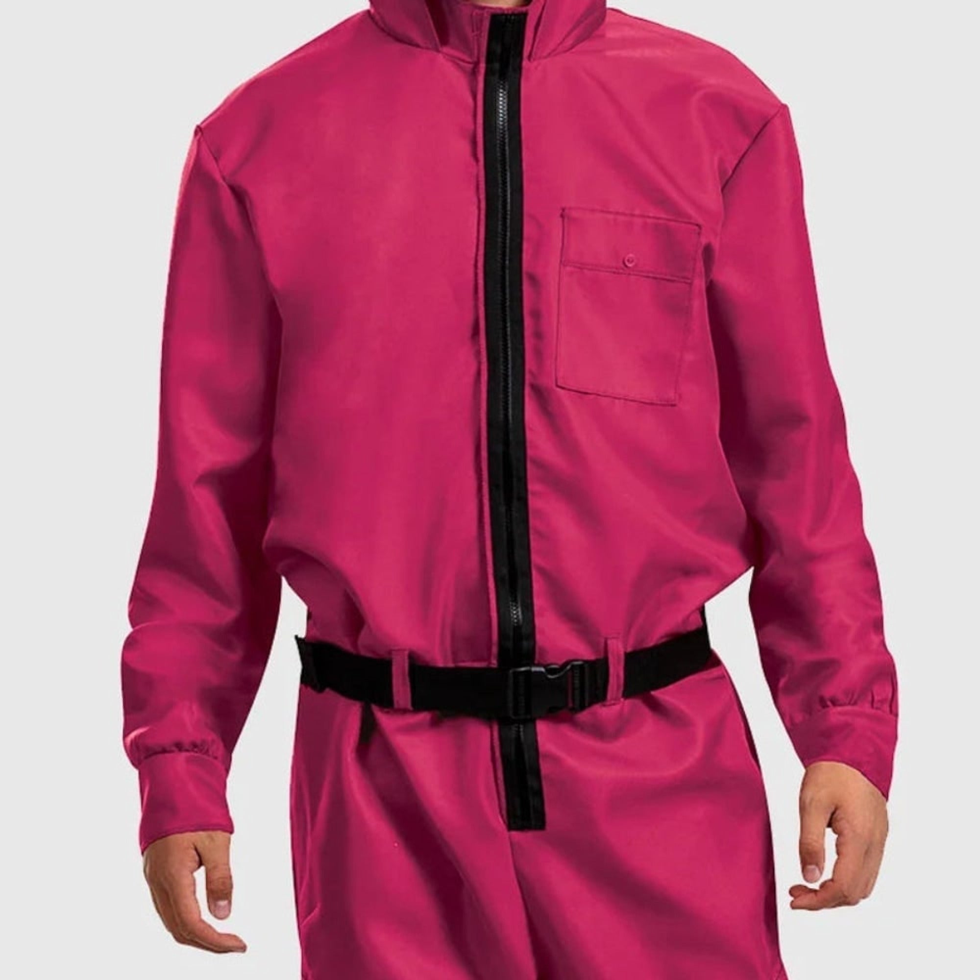 Halloween Jumpsuit Costume Pink Hooded With Black Belt And Front Zipper - Image 7