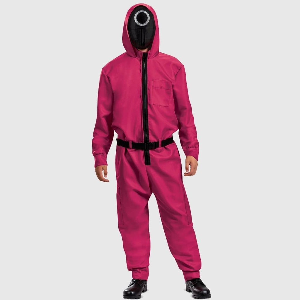 Halloween Jumpsuit Costume Pink Hooded With Black Belt And Front Zipper - Image 3