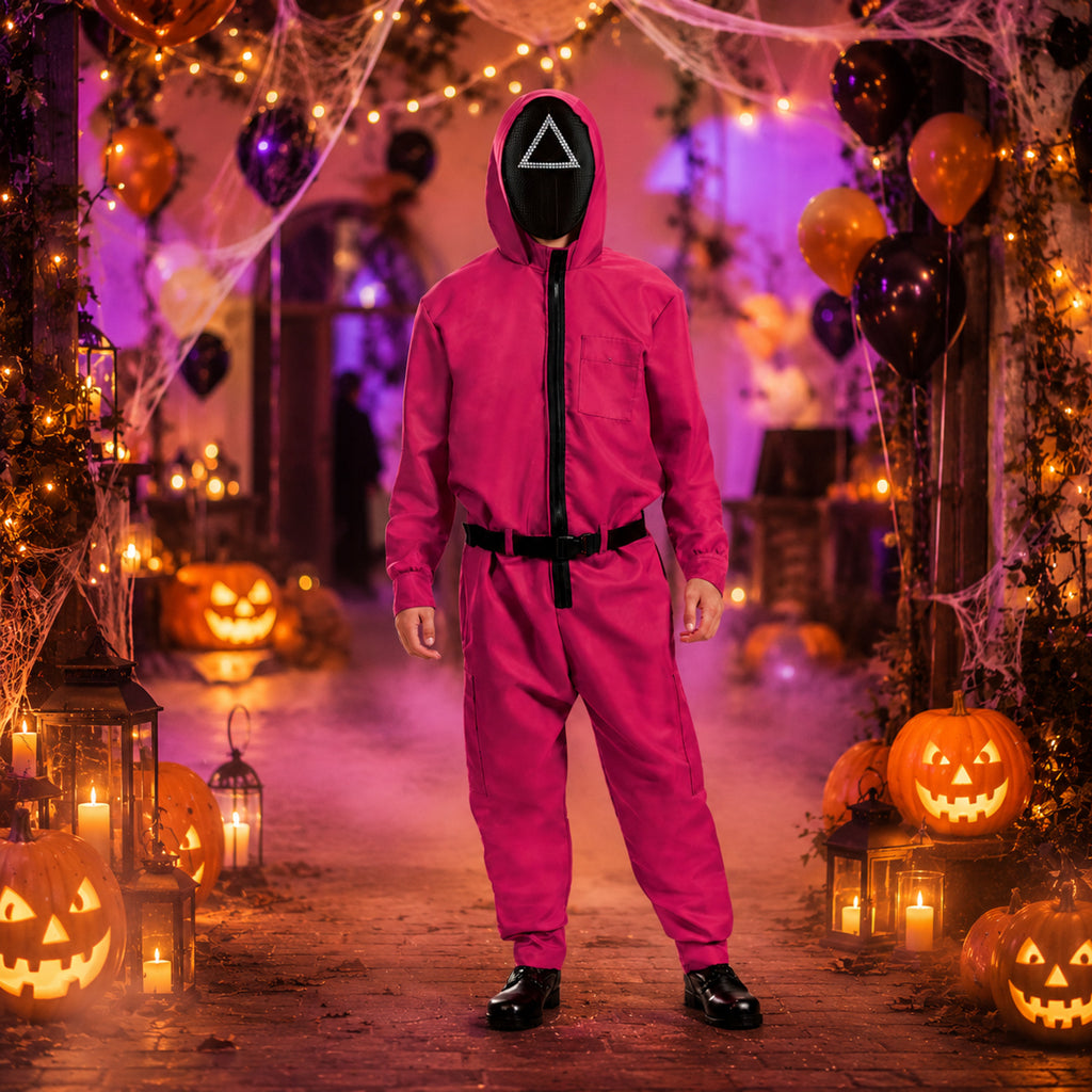 Halloween Jumpsuit Costume Pink Hooded With Black Belt And Front Zipper - Image 1
