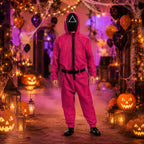 Halloween Jumpsuit Costume Pink Hooded With Black Belt And Front Zipper - Image 1