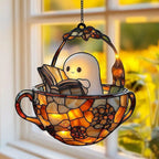 Halloween Suncatcher Ghost Reading In Teacup Stained Glass Window Decor With Sunlight-Reactive Color Effect - Image 2