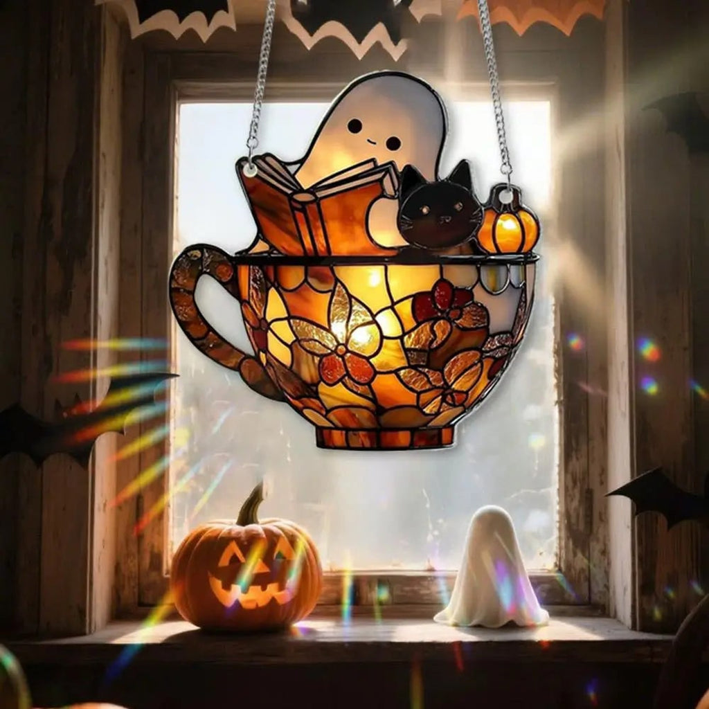 Halloween Suncatcher Ghost Reading In Teacup Stained Glass Window Decor With Sunlight-Reactive Color Effect - Image 3