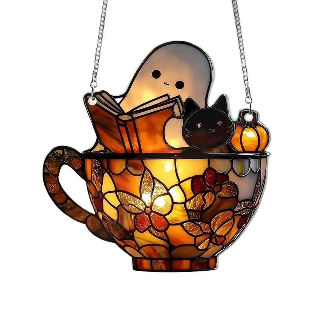 Halloween Suncatcher Ghost Reading In Teacup Stained Glass Window Decor With Sunlight-Reactive Color Effect - Image 4