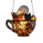 Halloween Suncatcher Ghost Reading In Teacup Stained Glass Window Decor With Sunlight-Reactive Color Effect - Image 4