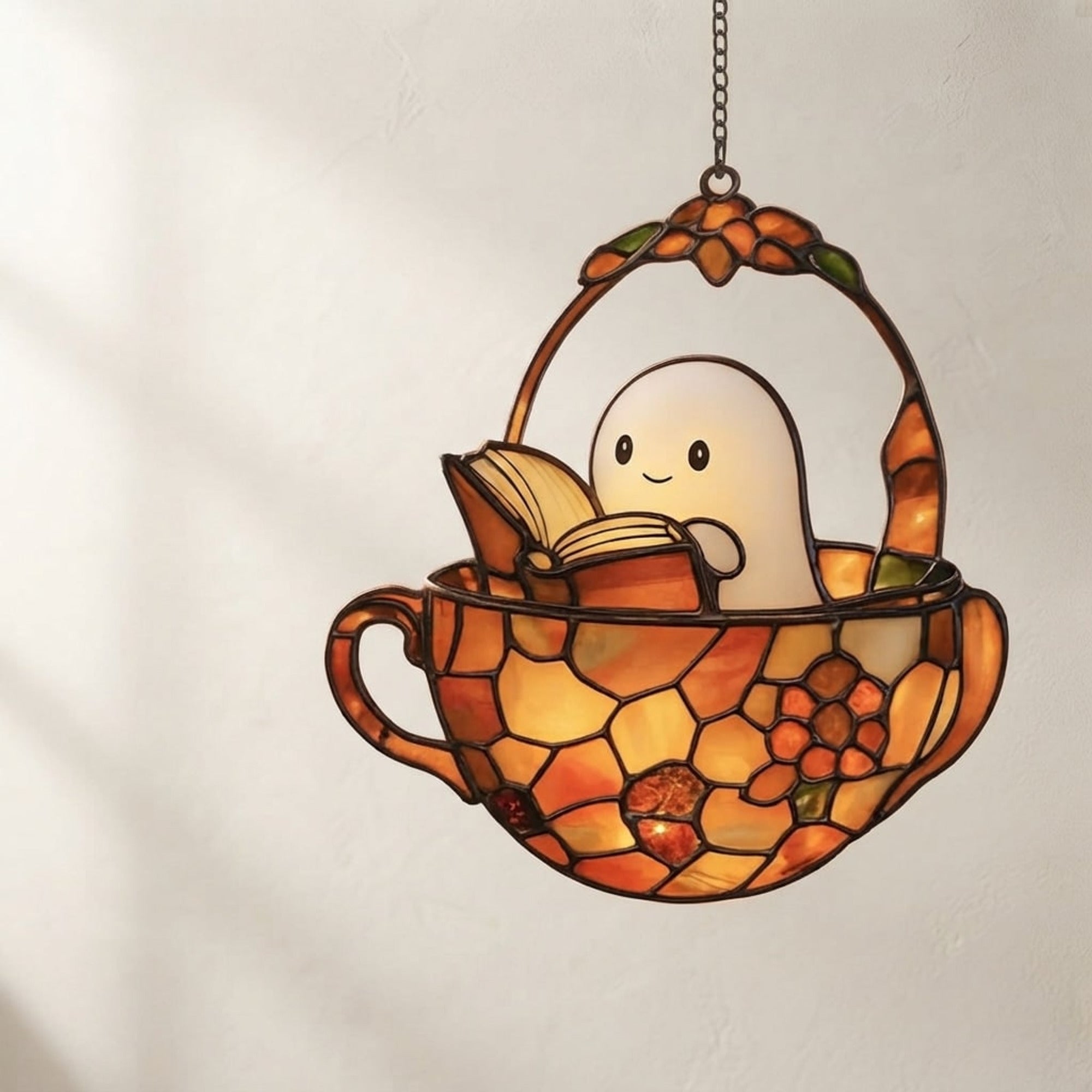 Halloween Suncatcher Ghost Reading In Teacup Stained Glass Window Decor With Sunlight-Reactive Color Effect - Image 1