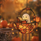 Halloween Suncatcher Ghost Reading In Teacup Stained Glass Window Decor With Sunlight-Reactive Color Effect - Image 5