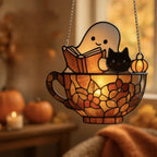 Halloween Suncatcher Ghost Reading In Teacup Stained Glass Window Decor With Sunlight-Reactive Color Effect - Image 6