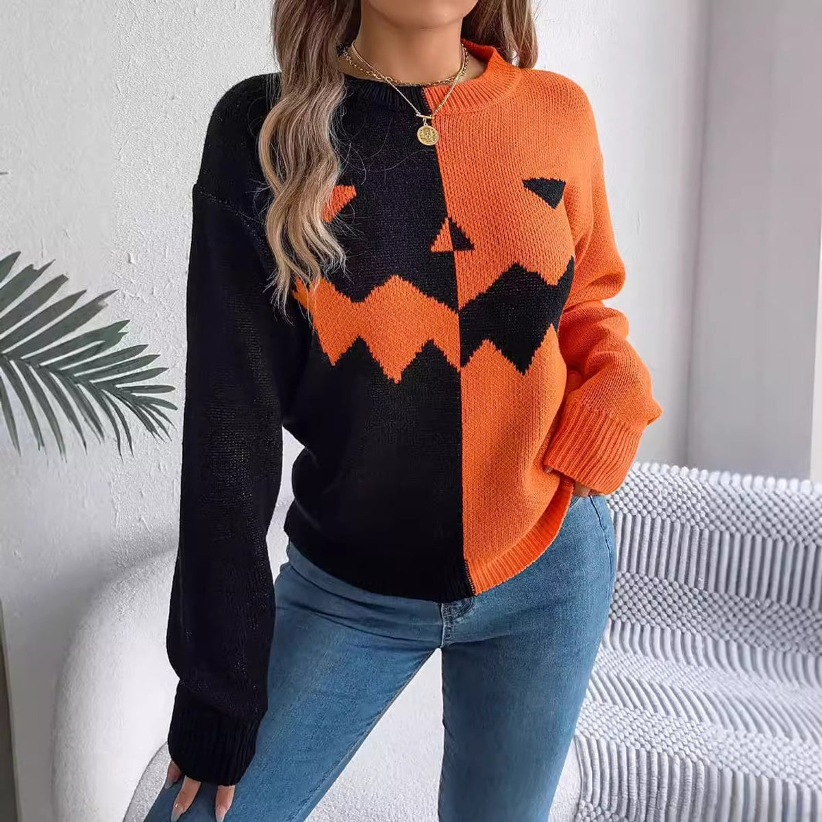 Halloween Sweater with Relaxed Knitted Pullover and Contrast Color - Image 7