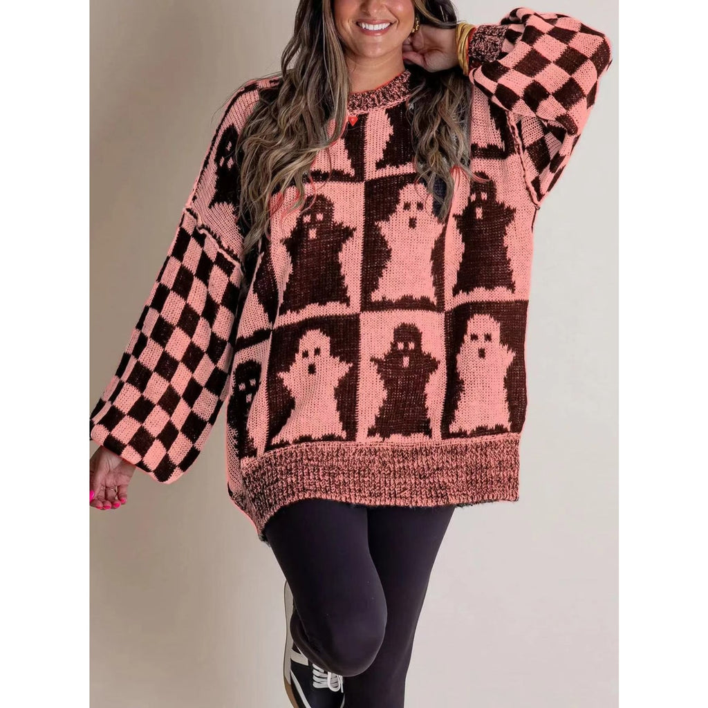 Halloween Sweater with Relaxed Knitted Pullover and Ghost Pattern - Image 5