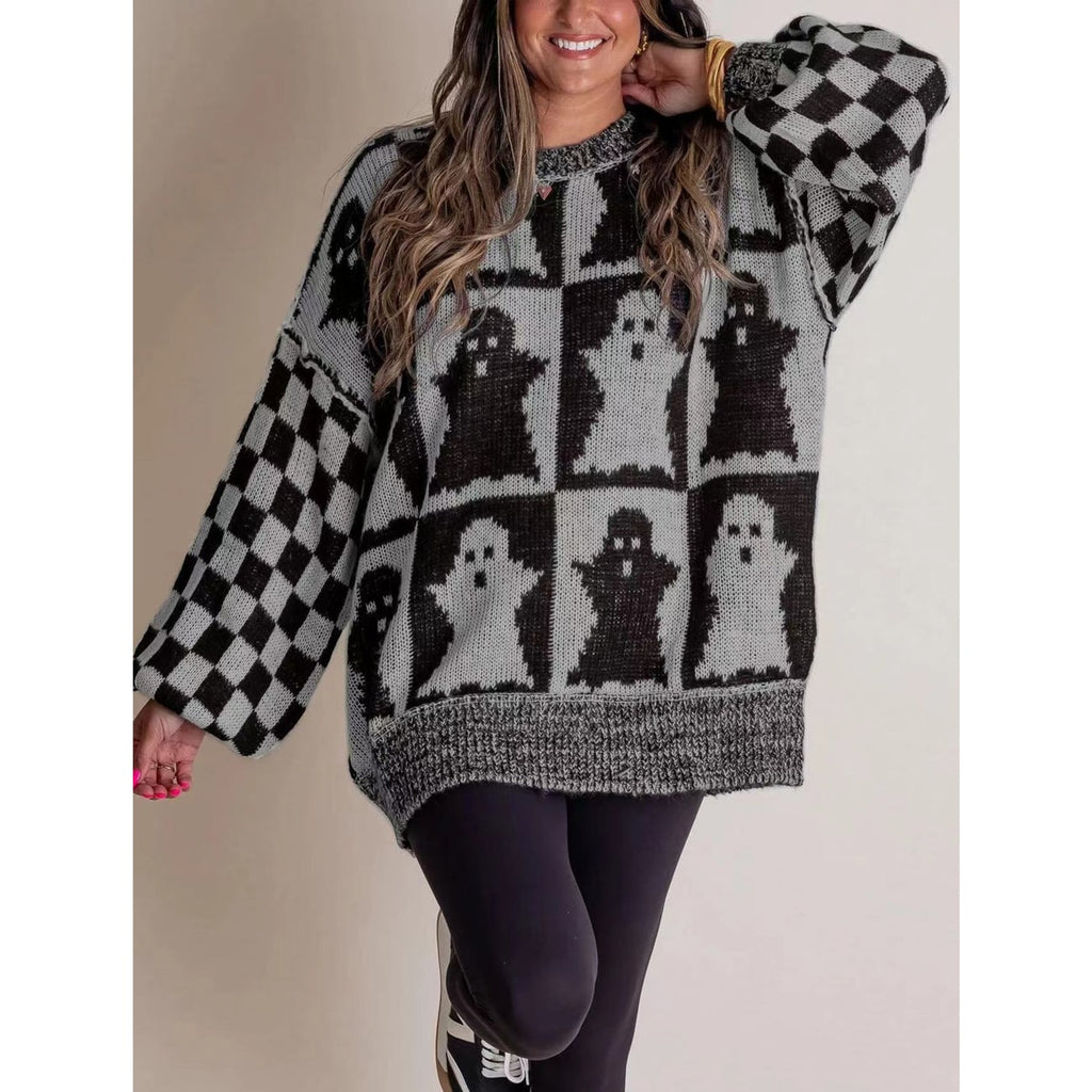 Halloween Sweater with Relaxed Knitted Pullover and Ghost Pattern - Image 9