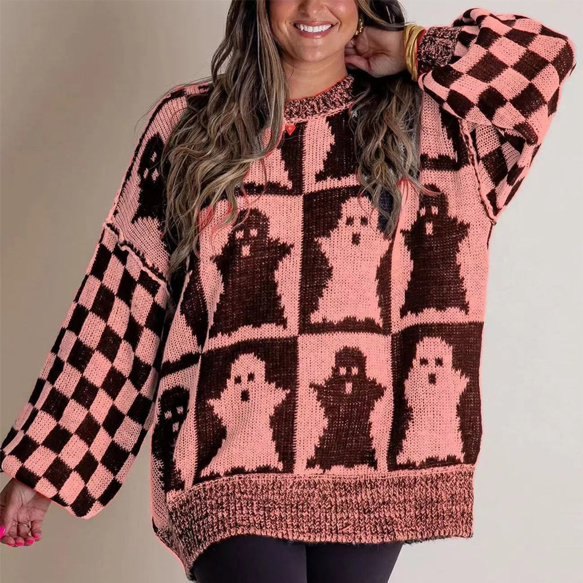 Halloween Sweater with Relaxed Pullover Fit and Checkerboard Print - Image 2