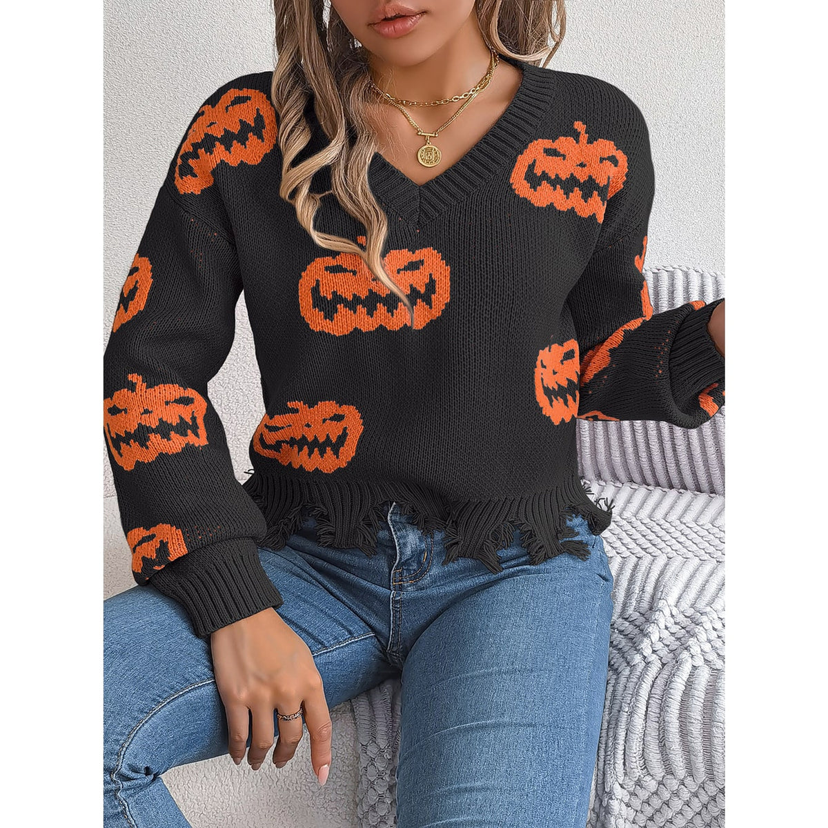 Halloween Sweater with Relaxed Pullover Fit and Contrast Sleeves - Image 5