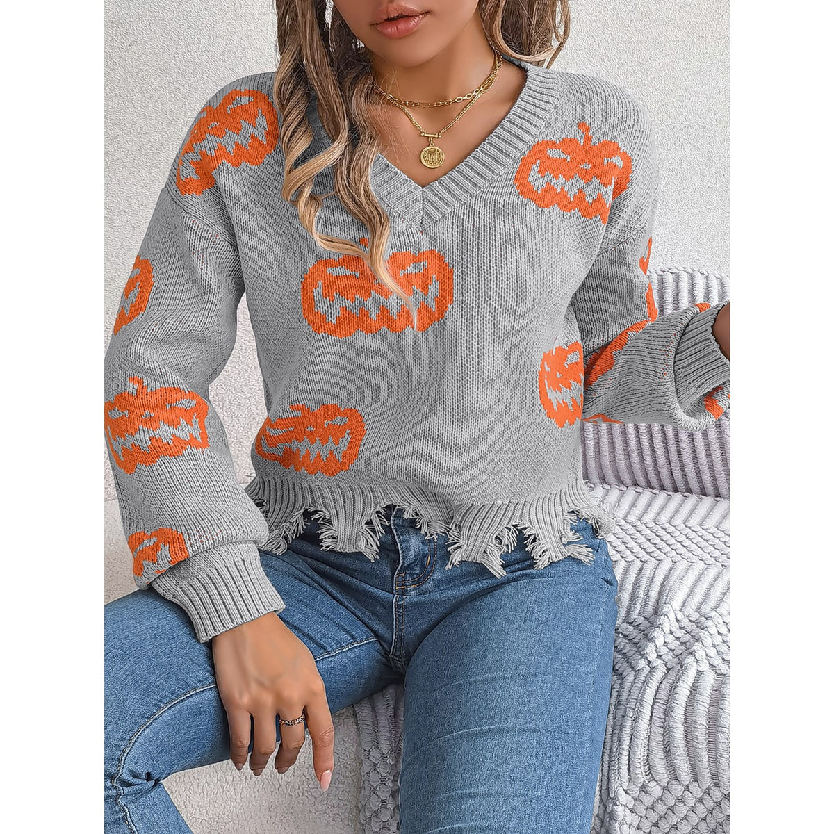 Halloween Sweater with Relaxed Pullover Fit and Contrast Sleeves - Image 7