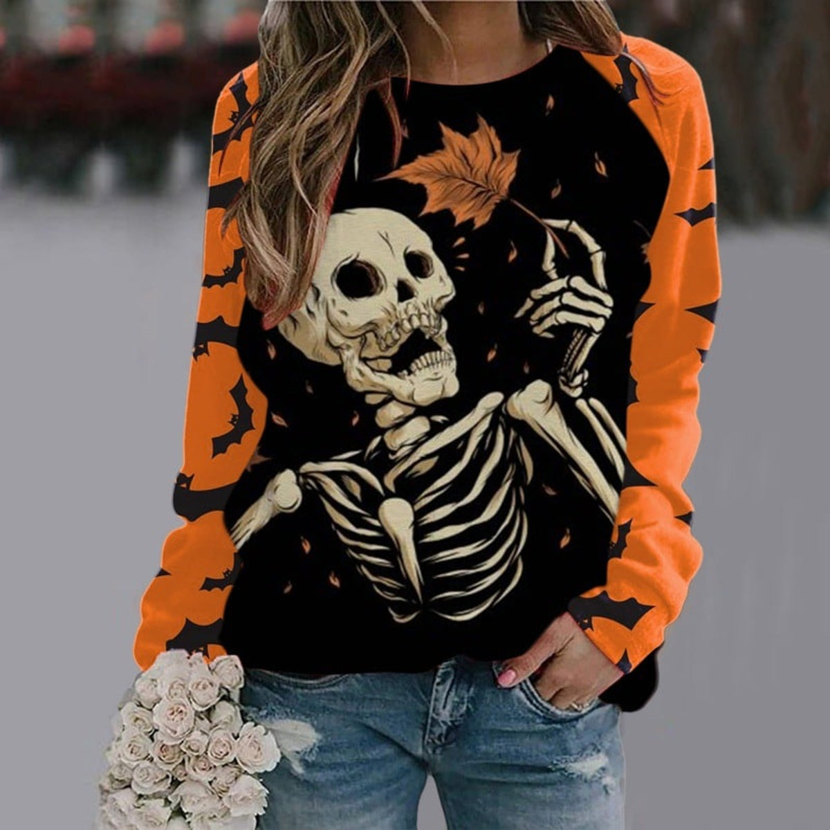 Halloween Sweatshirt with Relaxed Pullover Fit and Cartoon Print - Image 2
