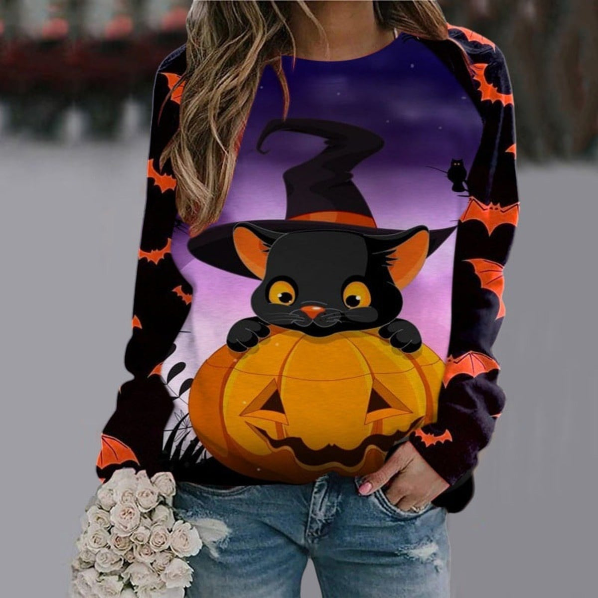 Halloween Sweatshirt with Relaxed Pullover Fit and Cartoon Print - Image 5