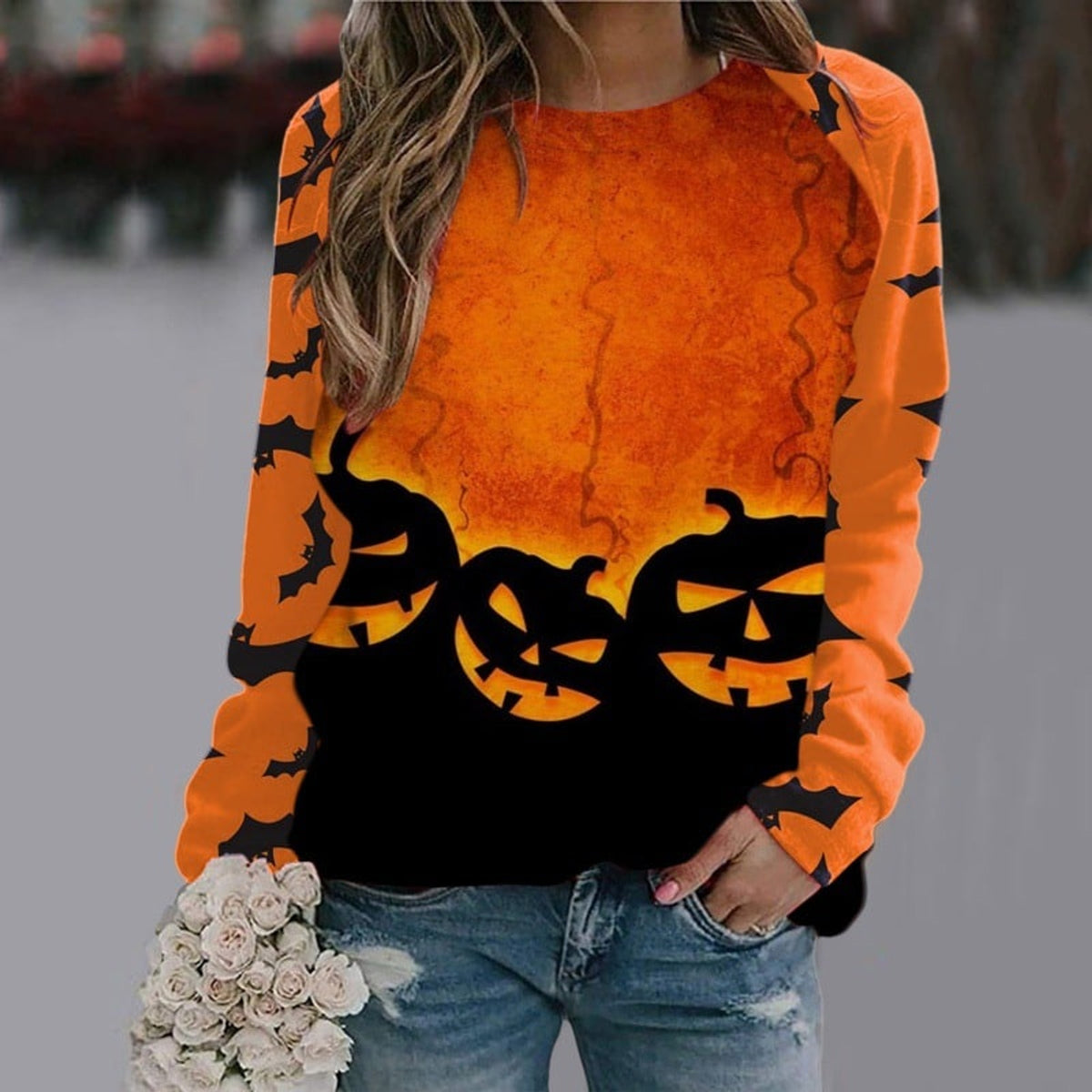Halloween Sweatshirt with Relaxed Pullover Fit and Cartoon Print - Image 6