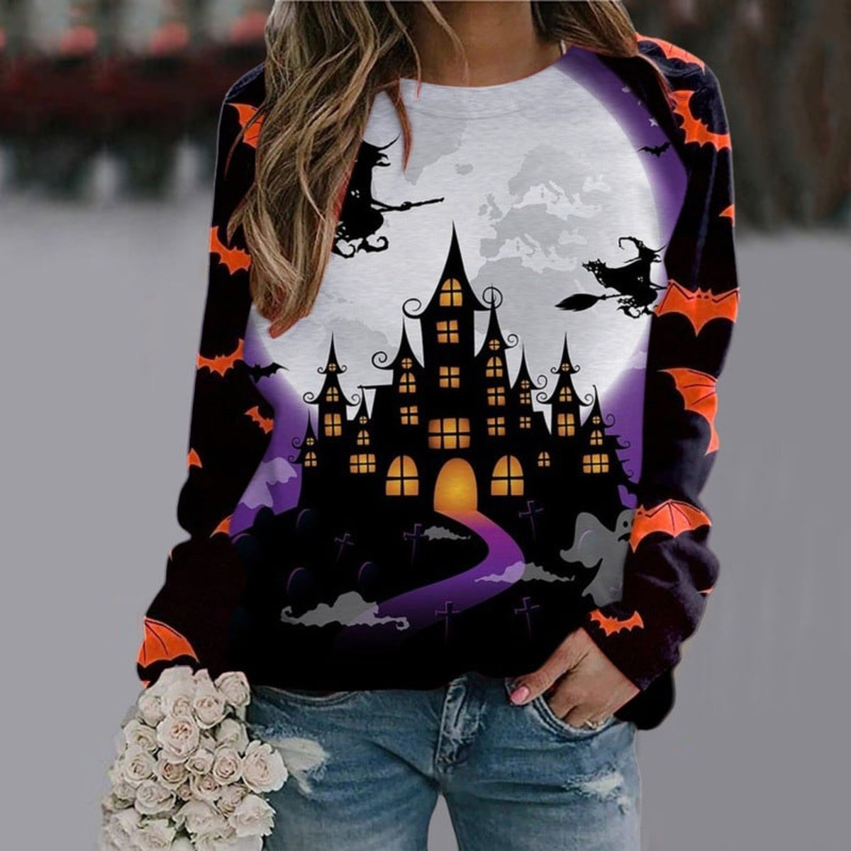 Halloween Sweatshirt with Relaxed Pullover Fit and Cartoon Print - Image 3
