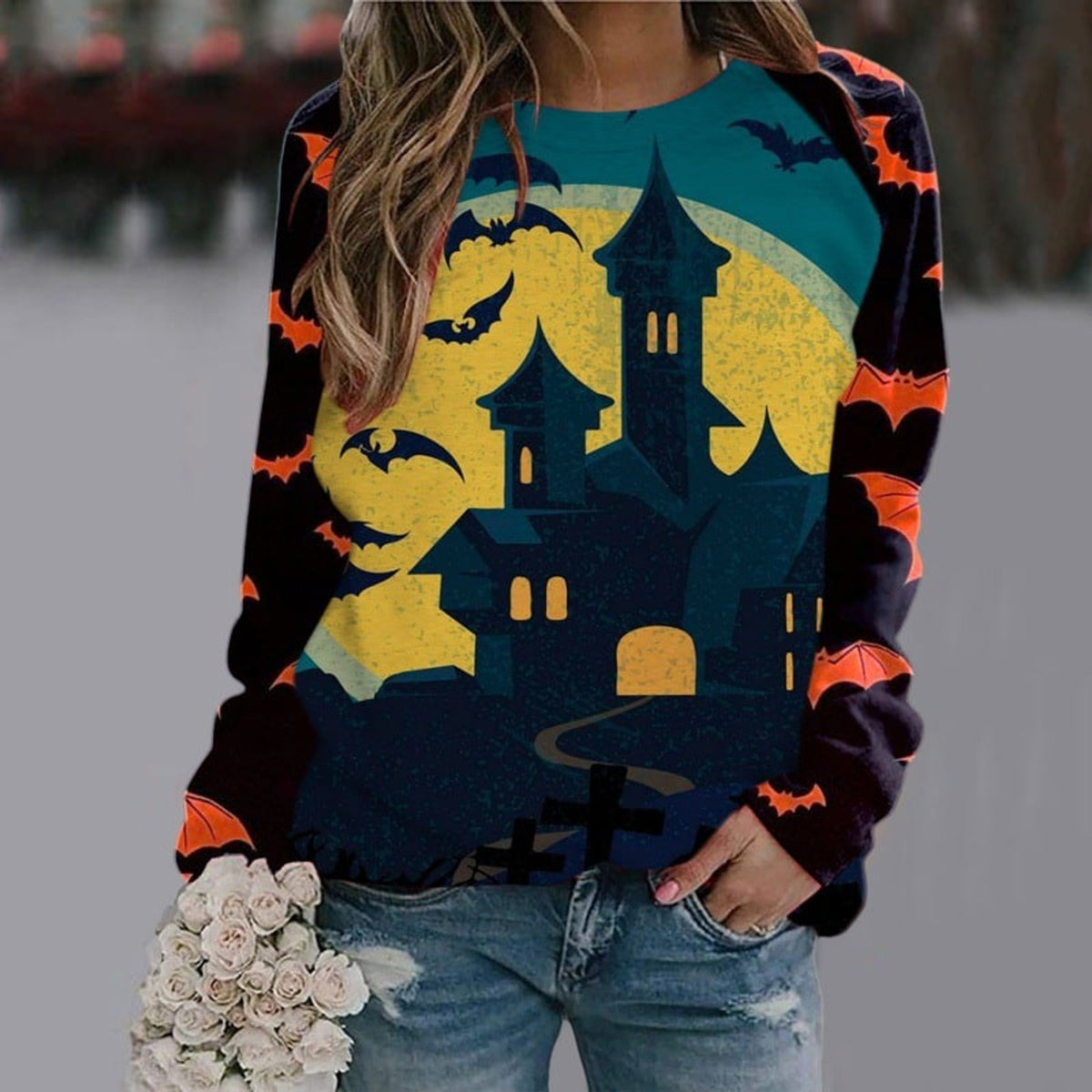 Halloween Sweatshirt with Relaxed Pullover Fit and Cartoon Print - Image 4