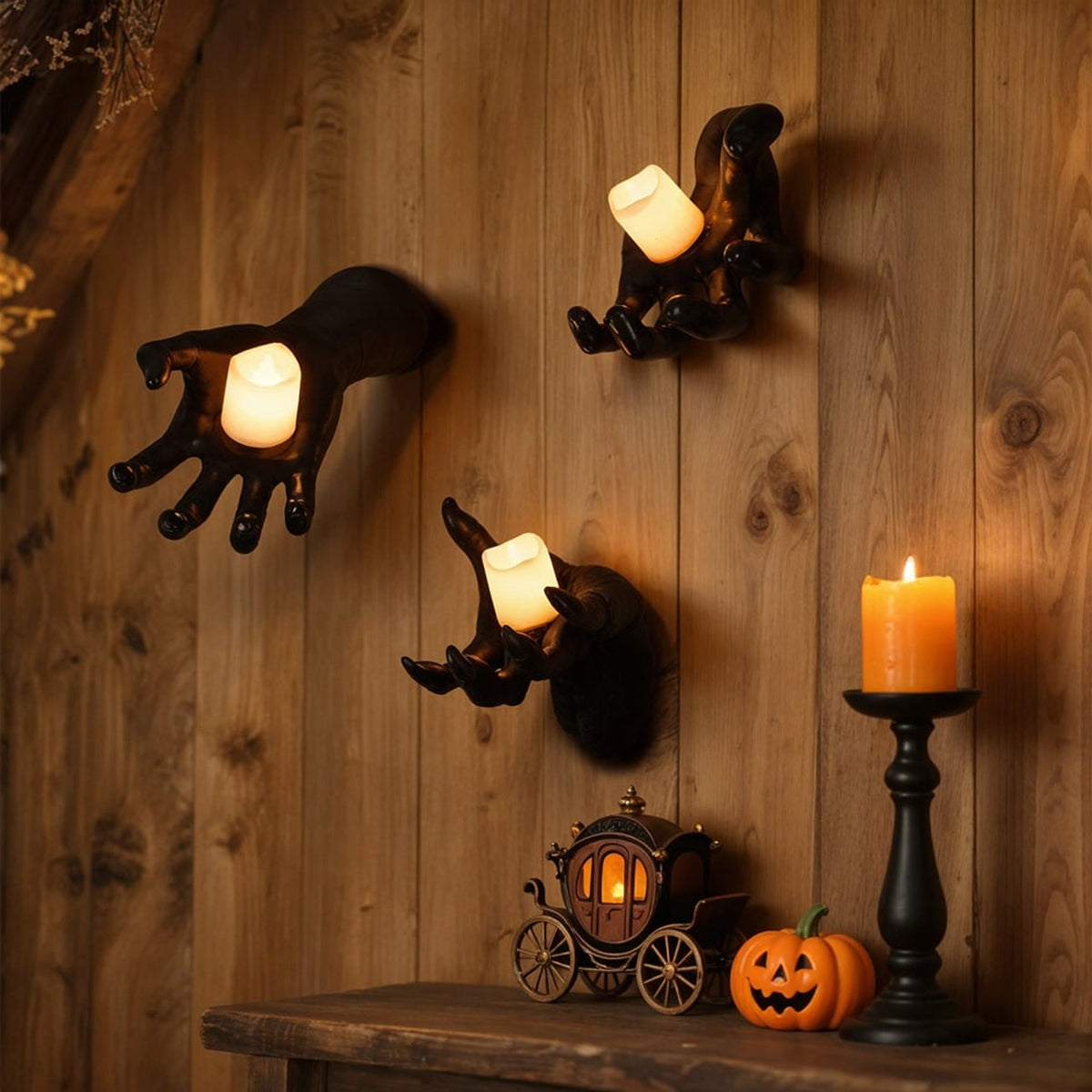Halloween Wall Decoration Featuring Reaching Hand With Warm LED Candle Soft PVC Wall-Mounted Decor With Cell Batteries - Image 4